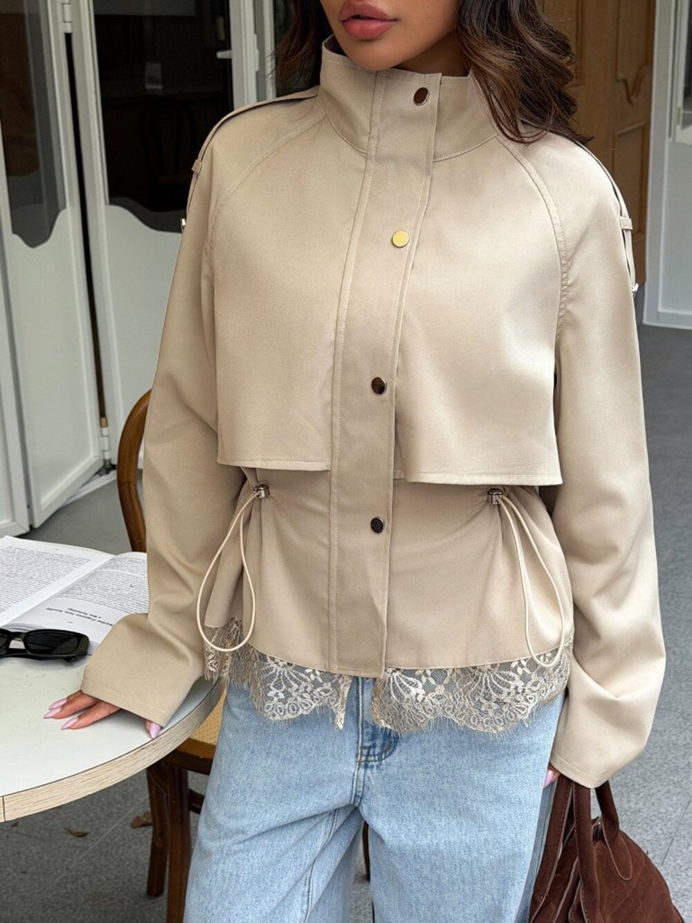 Apricot Casual Women's Chic Funnel Neck Short Trench Coat - Picture 8 of 10